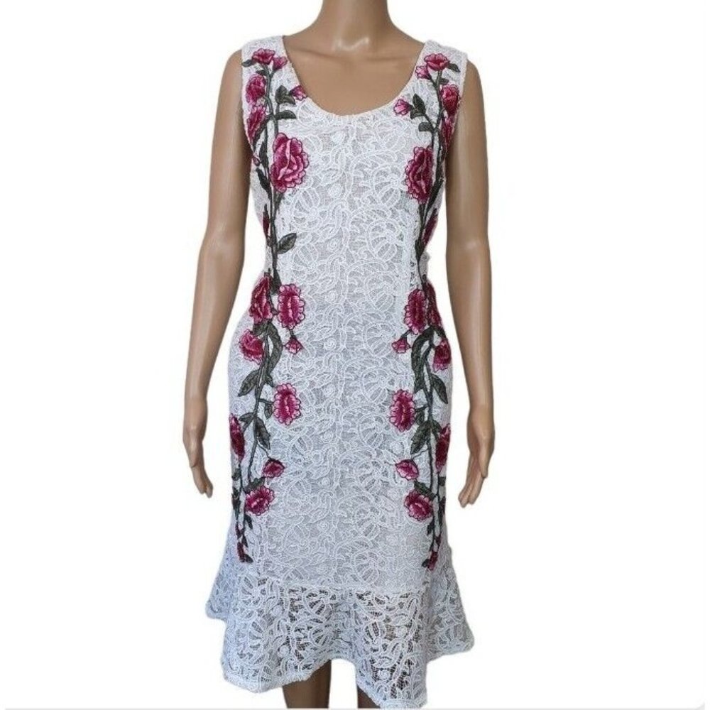 vintage lace floral dress Embroidered white Sz 12 frill fishtail KOREAN cocktail - Picture 3 of 8